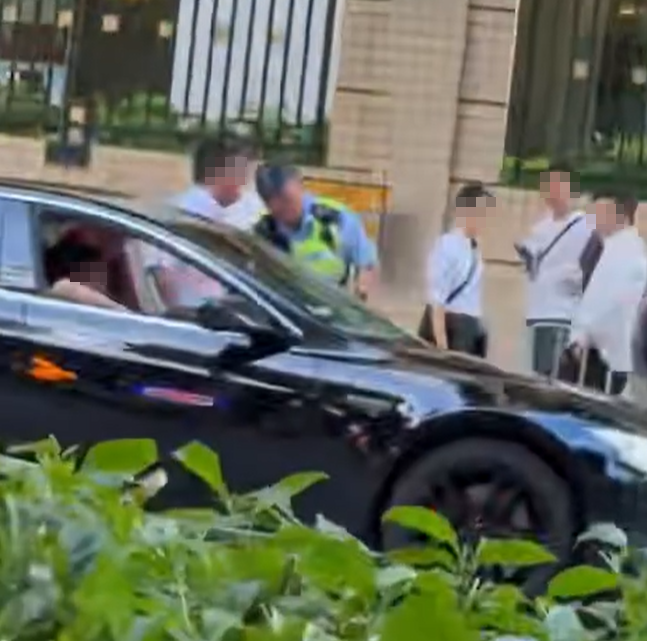 當時私家車被警車截停,兩名交通警員上前查問。司機於座駕等待(FB車cam L(香港群組))