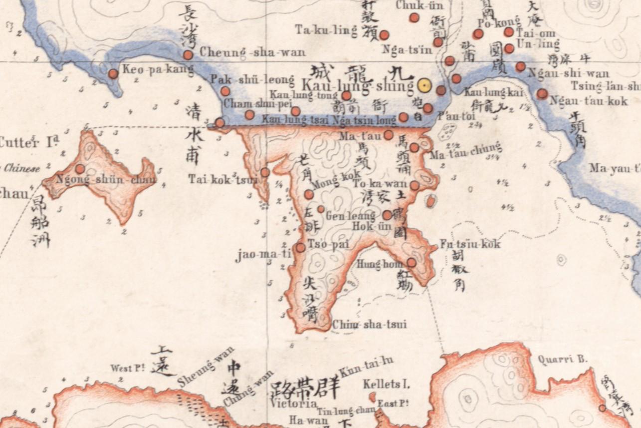 1866年由意大利傳教士獲朗他尼繪製的《新安縣全圖》,已標有「芒角」及譯名「Mong Kok」。(圖片來源:香港地方志中心)