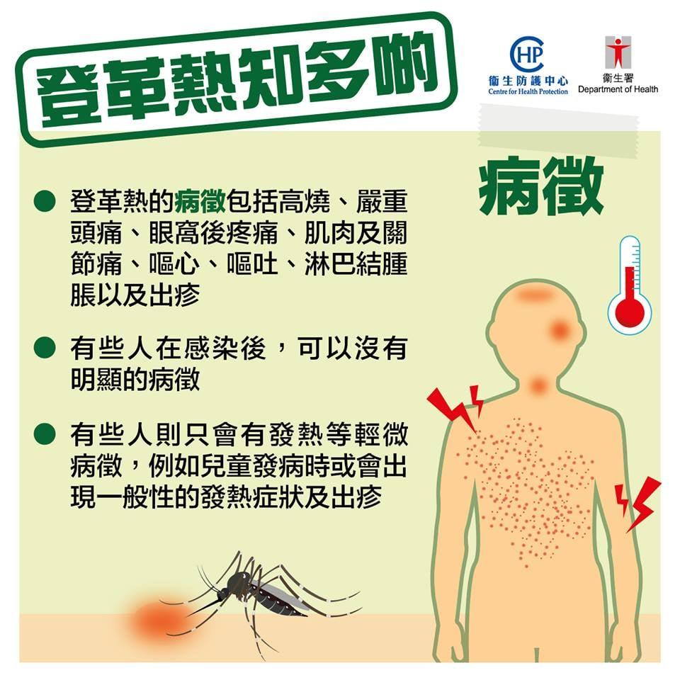 登革熱|症狀、傳播途徑、避免蚊子叮咬、預防方法。(衞生署衞生防護中心FB)