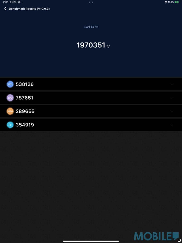 《Antutu》V10 版獲 1,970,351 分成績,跟今月安兔兔 iOS 月榜 M2 版 iPad Pro 平均分處於同一水平