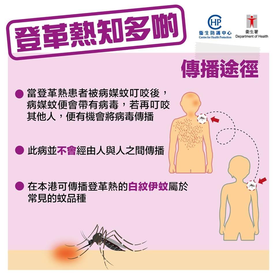 登革熱|症狀、傳播途徑、避免蚊子叮咬、預防方法。(衞生署衞生防護中心FB)
