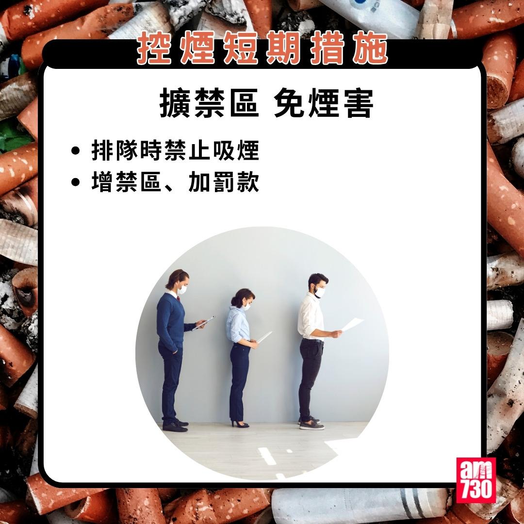 吸煙|控煙短期措施,擴禁區免煙害。(am730製圖,資料來源︰添馬台)