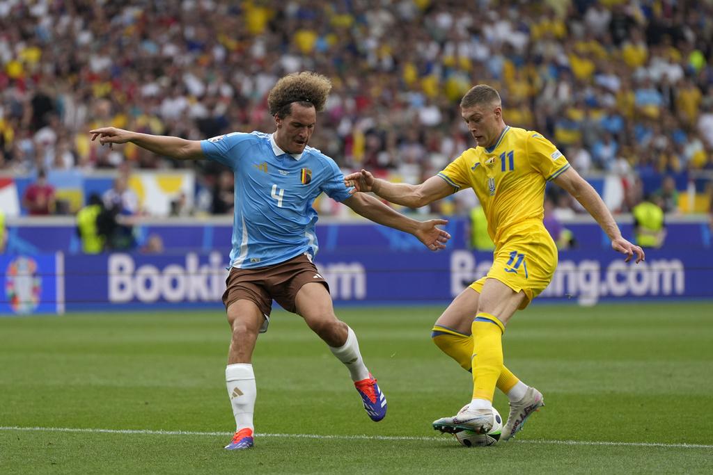 比利時與烏克蘭上半場互無入球,比數維持0:0。(美聯社)