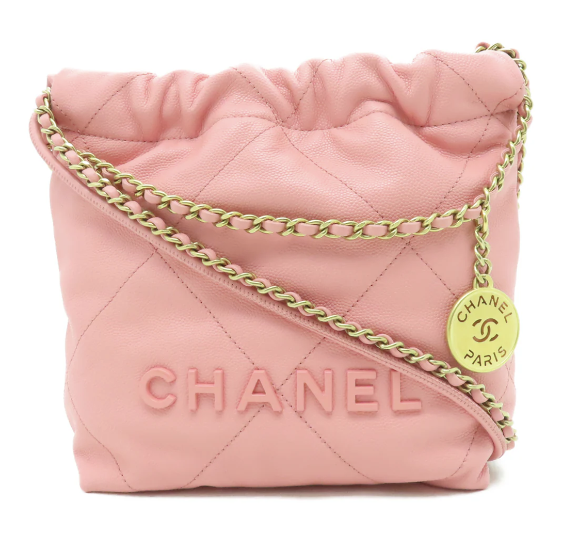 CHANEL 【激減優惠】Caviar皮革Mini 22金扣肩背袋粉紅色 $50,800