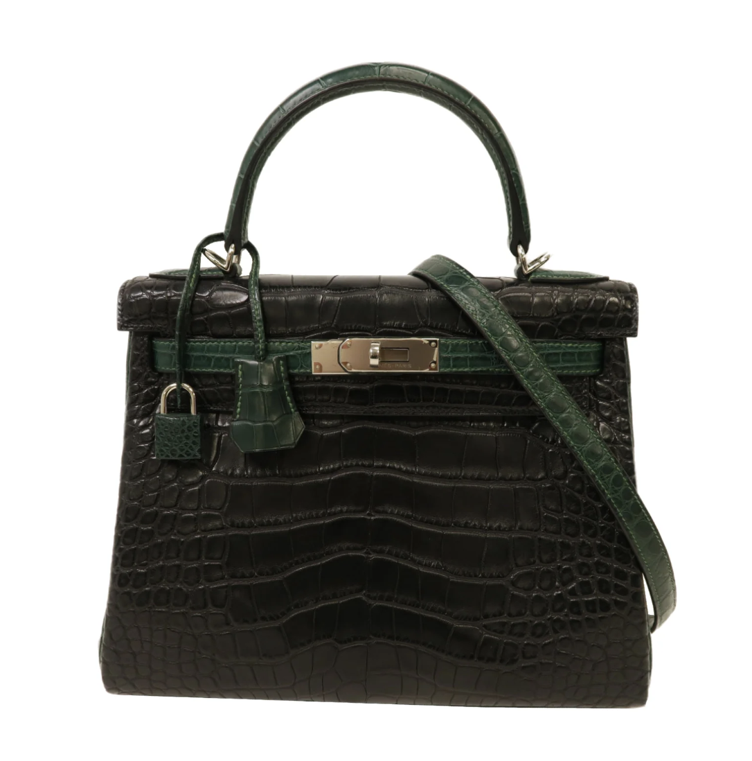 HERMES Alligator皮革 Kelly 28 (Special Order)銀扣手挽肩背兩用袋翡翠綠色/黑色 $399,800