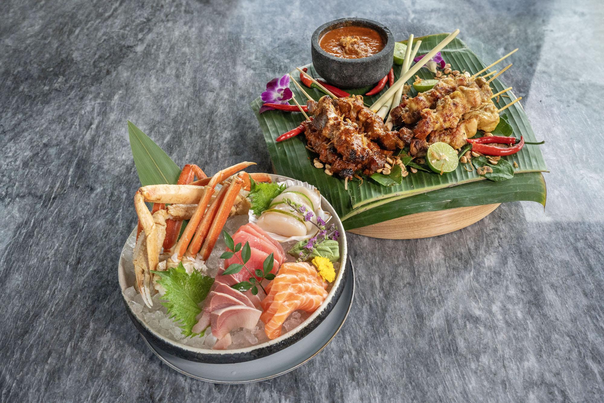 時令刺身、豬肉及雞肉沙嗲串燒