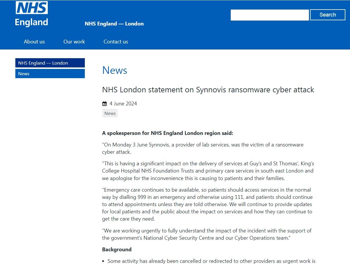 英國國民保健服務就網攻事件發聲明。(互聯網)