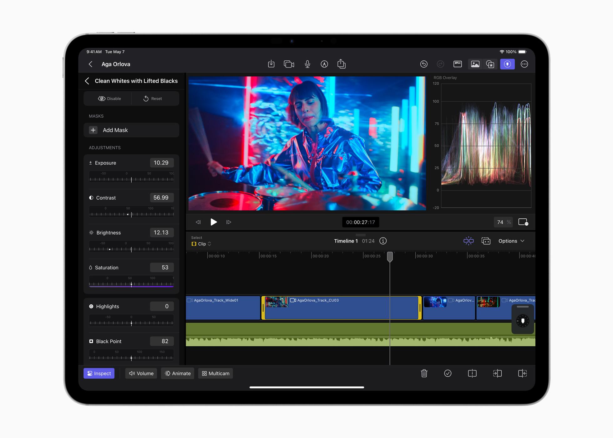 iPad版Final Cut Pro 2帶來12個全新調色預設組、8款基本字幕樣式、20首全新配樂,以及更多動態背景選擇。