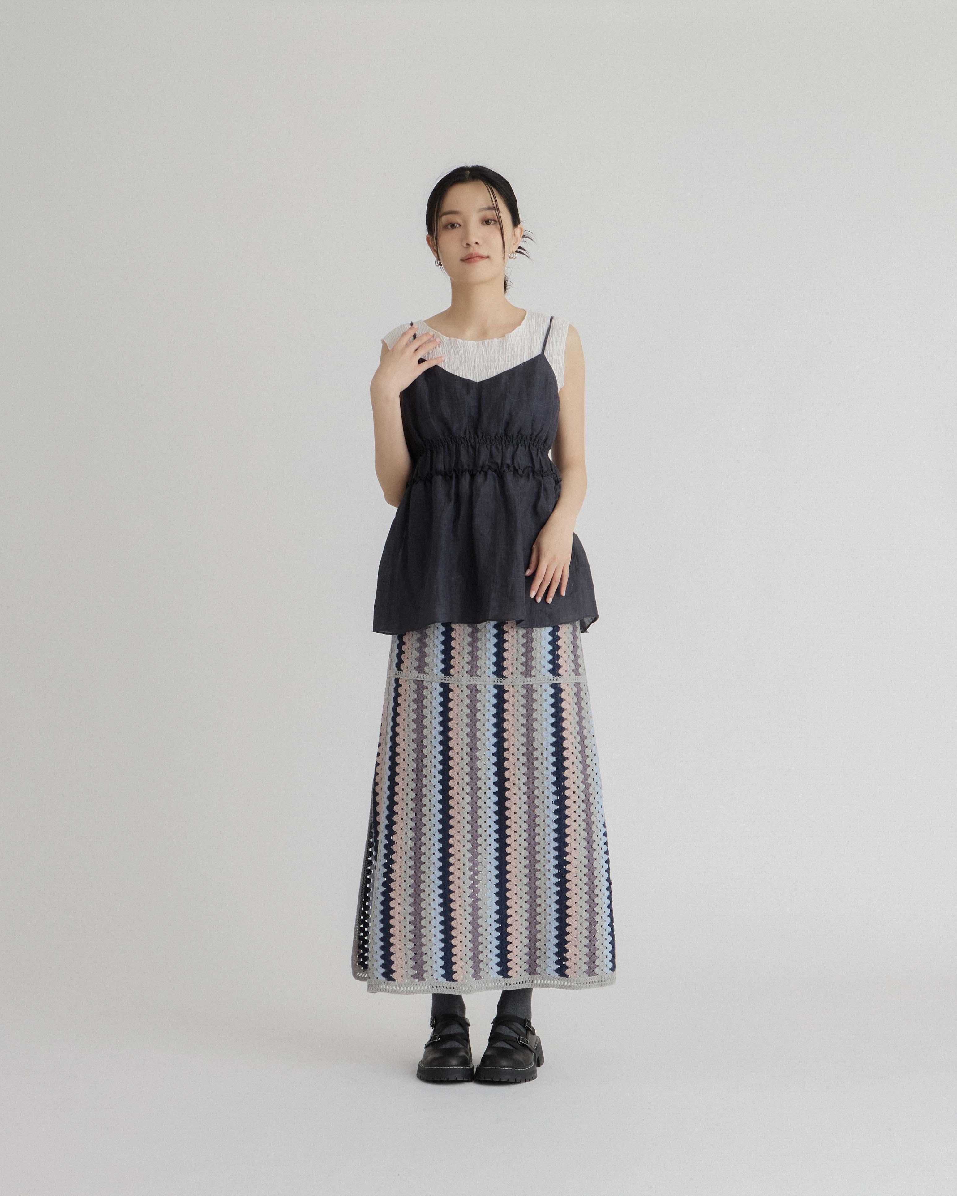 Strappy Sheer Top $459、Crochet Maxi Skirt $599