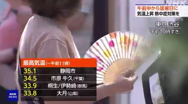 東京澀谷早上10時炎熱,民眾撥扇降溫。(互聯網)