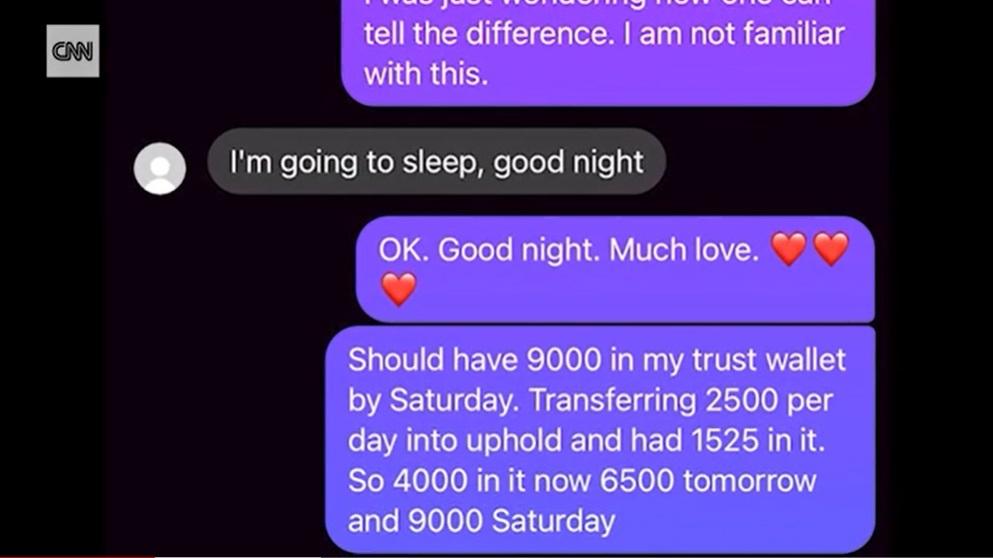 騙徒傳給琼斯的訊息,要求他把錢轉帳到網上錢包。(互聯網)