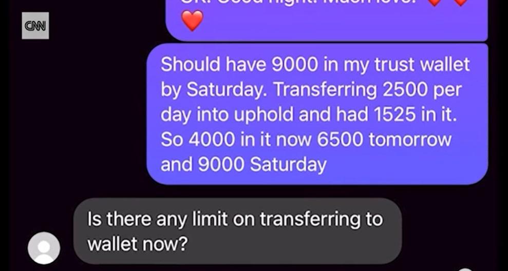 騙徒傳給琼斯的訊息,要求他把錢轉帳到網上錢包。(互聯網)