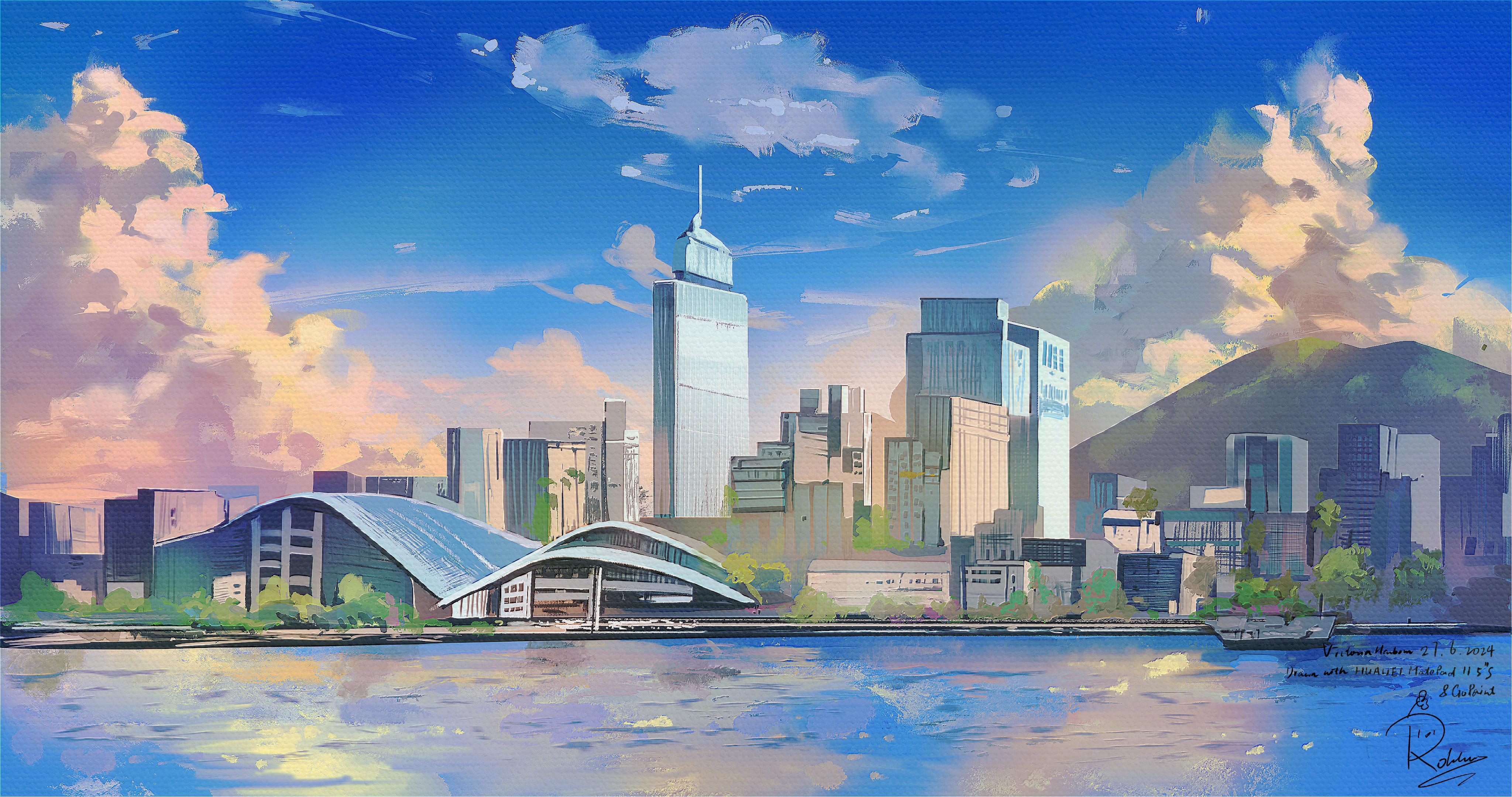 香港天際線的大型場景設計使用50多個圖層,配以油畫、素描等大概20多種筆刷。(作品由 Rokku提供)