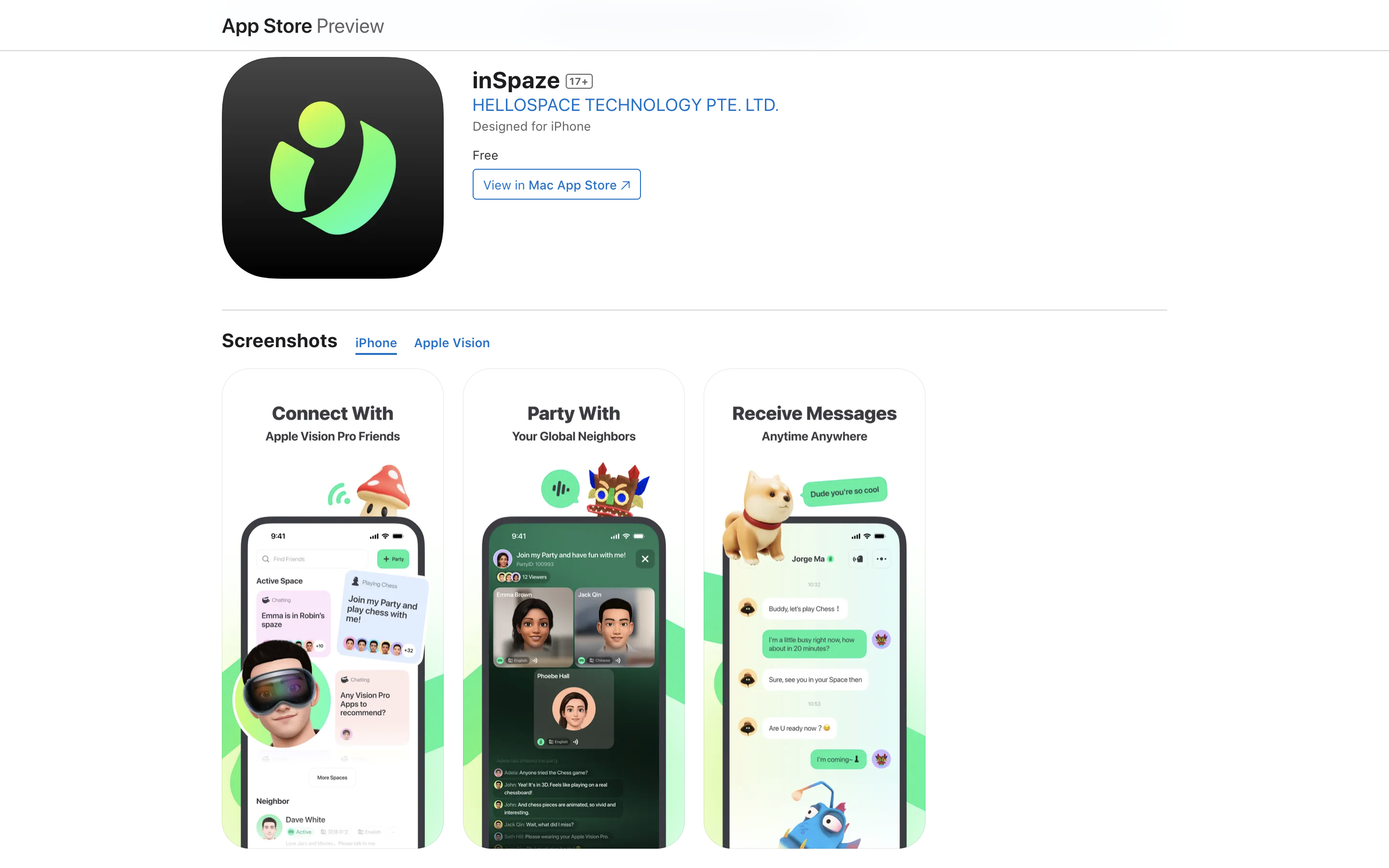 Vision Pro|可與其他用家聯繫的社交app《inSpaze》。