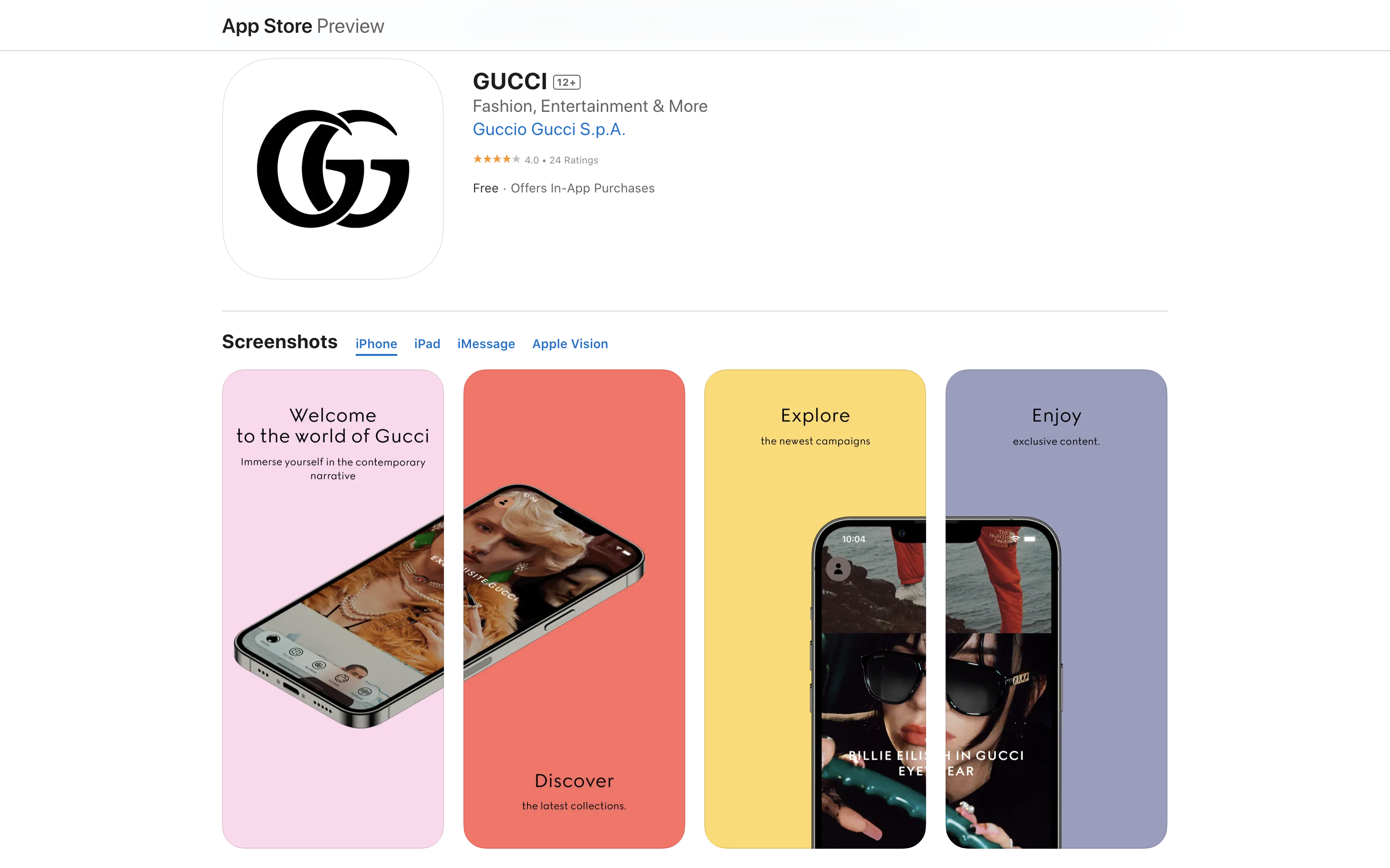 Vision Pro|可瀏覽Gucci最新產品的《GUCCI》app。