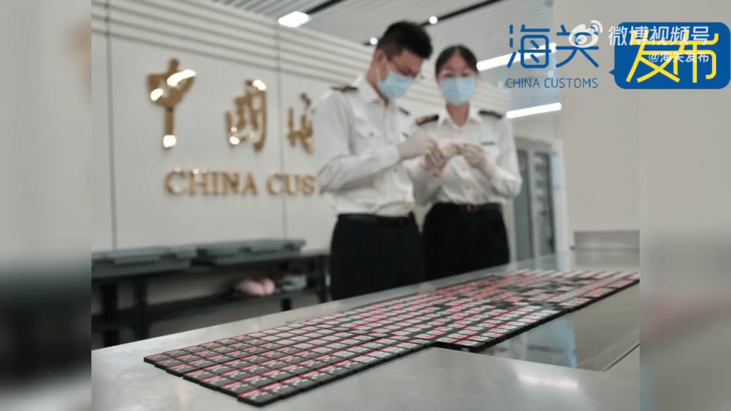 關員在點算從女子身上搜出的350張Switch遊戲卡。(海關發布)