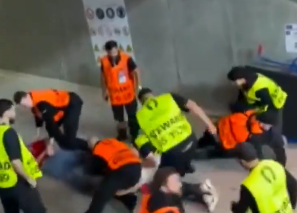 兩名闖入場內球迷被多名穿保安反光衣的人員拳打腳踢。(影片截圖)