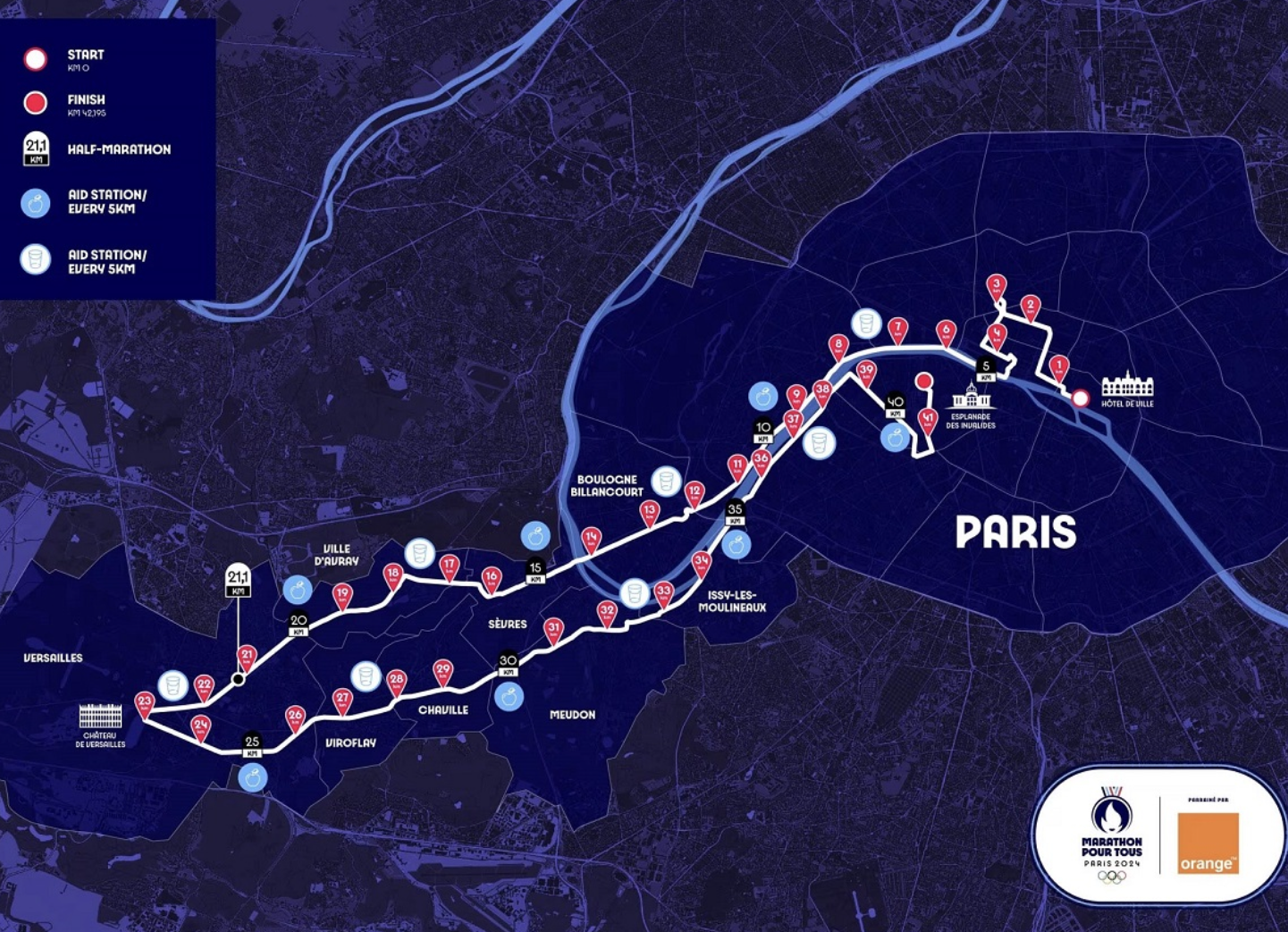 巴黎奧運馬拉松路線,以巴黎市政廳為起點,終點位於榮軍院,途經多個巴黎及附近景點。(Paris 2024)