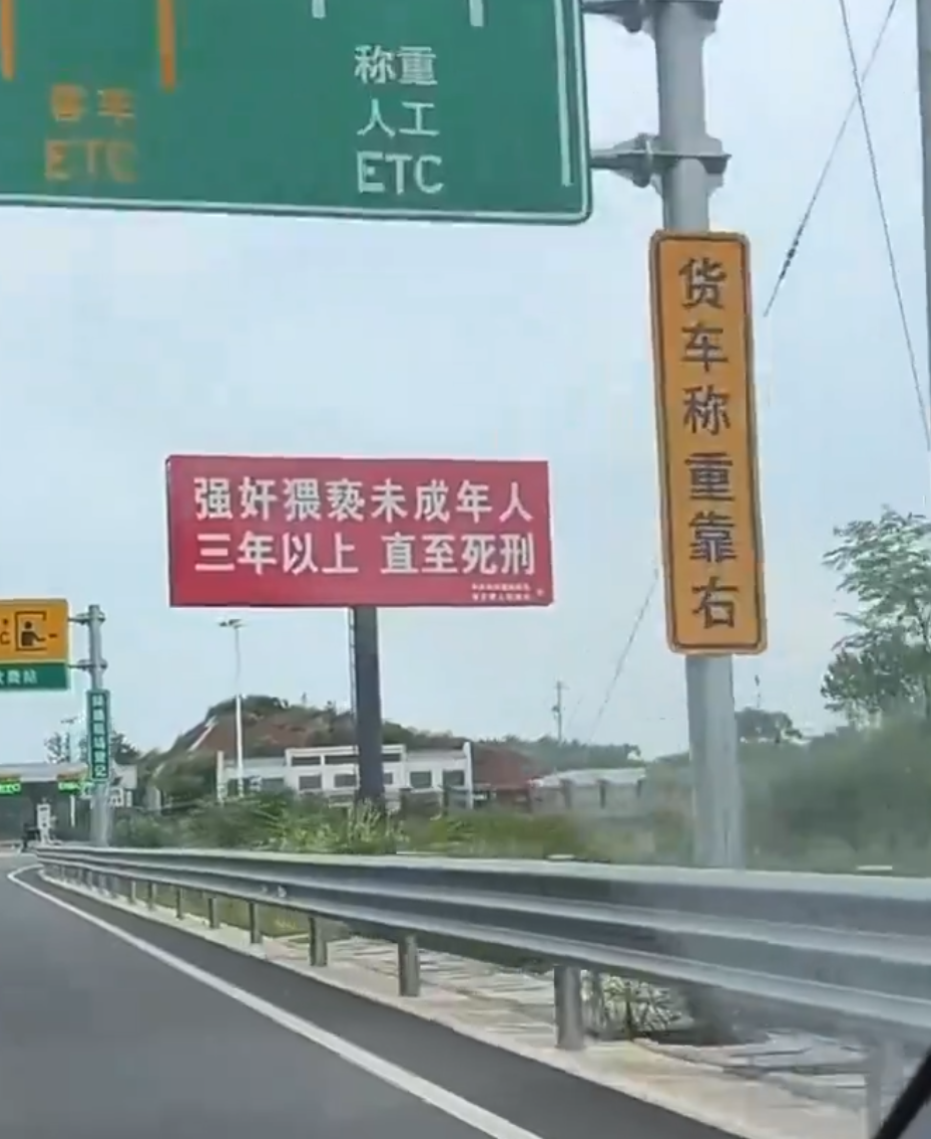 一名司機開車行經湖南省岳陽市平江縣加義鎮時,發現道路兩側竟掛了大量保護未成年女子的相關宣傳板(影片截圖)