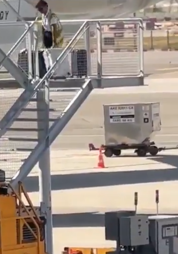 有影片顯示國泰航空的一名員工在機場多次從樓梯上把行李箱扔下(影片截圖)