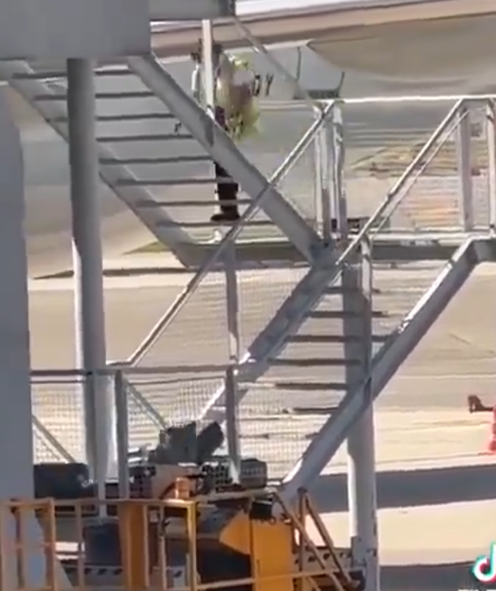 有影片顯示國泰航空的一名員工在機場多次從樓梯上把行李箱扔下(影片截圖)