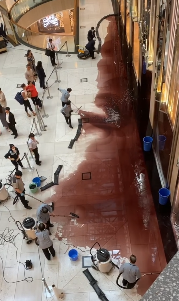 中環置地廣場地下中庭、近名店Dior門外有大片紅色液體傾瀉一地,影片及照片可見當時已有十多名清潔人員正在清理現場。