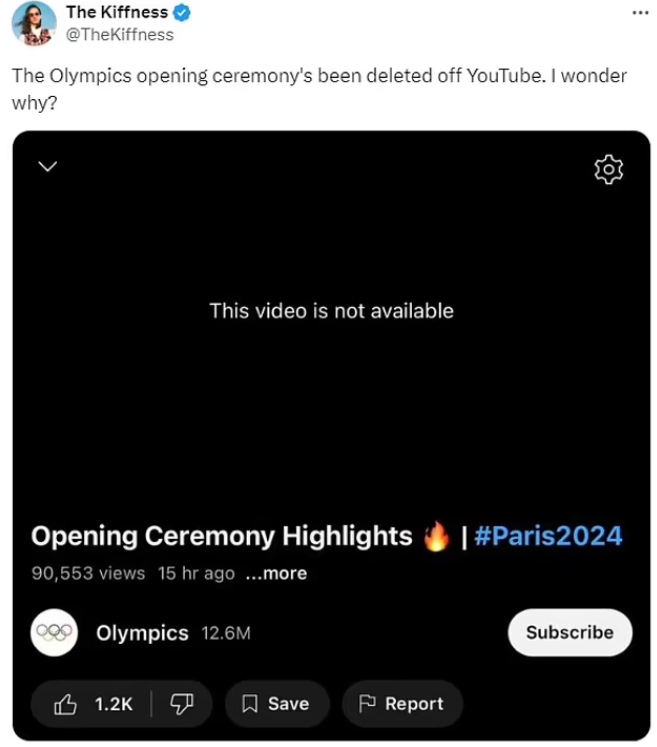 巴黎開幕禮片段被指突然下架。(互聯網)