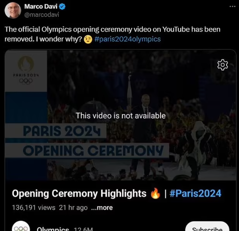 巴黎開幕禮片段被指突然下架。(互聯網)