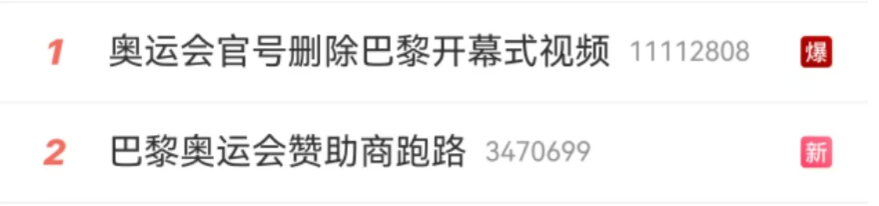 「奧運會官號刪除巴黎開幕式視頻」成為內地熱搜。(互聯網)