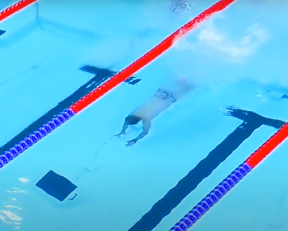 一名花花褲大肚腩男,忽然「亂入」奧運泳賽場館。(互聯網)