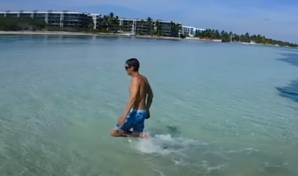 男子自行游返岸上後,在沒有反抗下被警員拘捕。(YouTube)