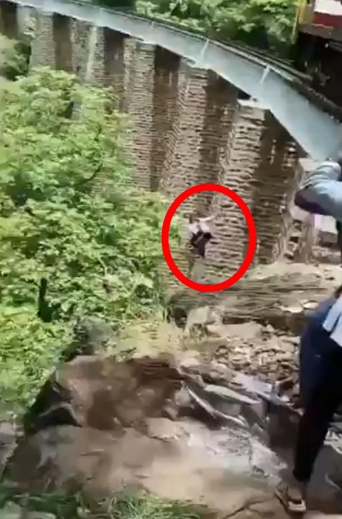 直到火車鳴笛示警時已來不及閃避,2人慌不擇路,最後跳入約27米深、9層樓高的山谷。(X)