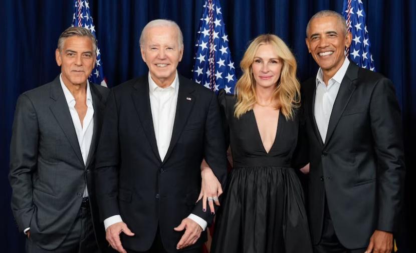 上月15日,佐治古尼與知名女演員茱莉亞羅拔絲(Julia Roberts)為拜登籌款晩會擔任主持。(X)