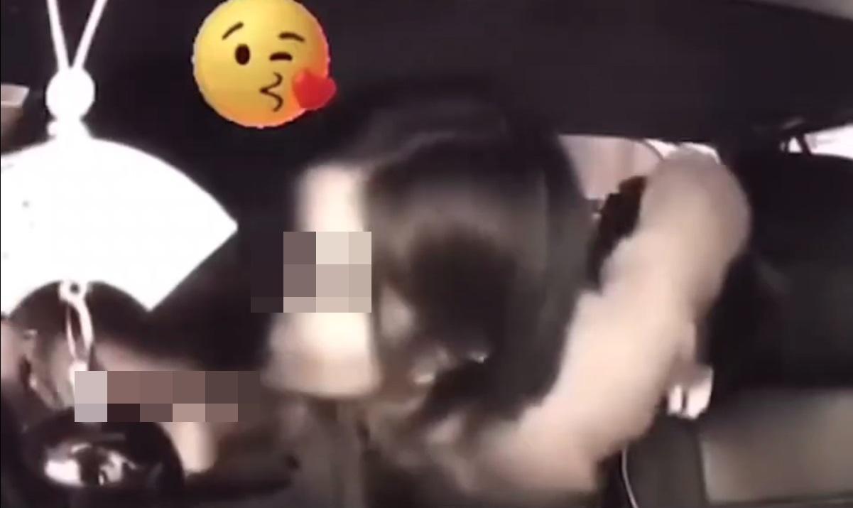 女乘客俯身前去親吻的士司機。(網片截圖)