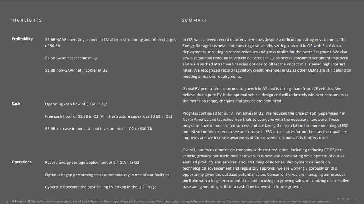 Tesla業績|特斯拉指降低成本仍是目前整體重點。(Tesla業績截圖)