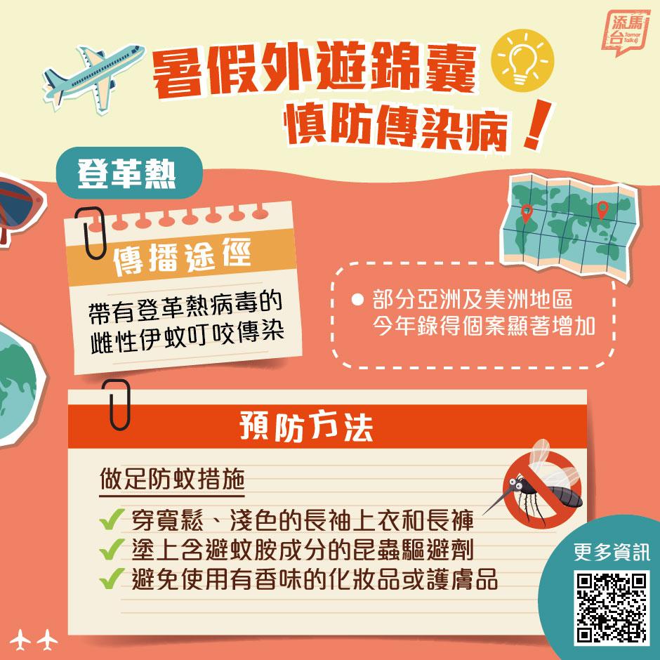暑假外遊慎防傳染病|登革熱預防方法。(添馬台FB)