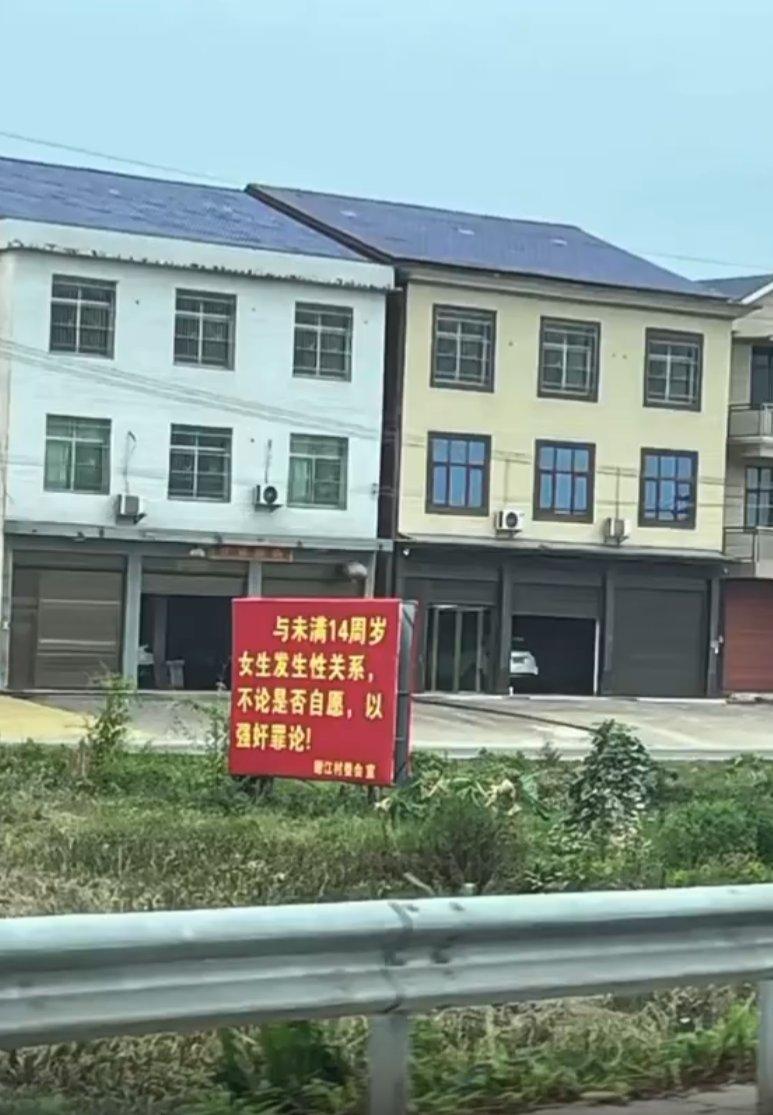 一名司機開車行經湖南省岳陽市平江縣加義鎮時,發現道路兩側竟掛了大量保護未成年女子的相關宣傳板(影片截圖)