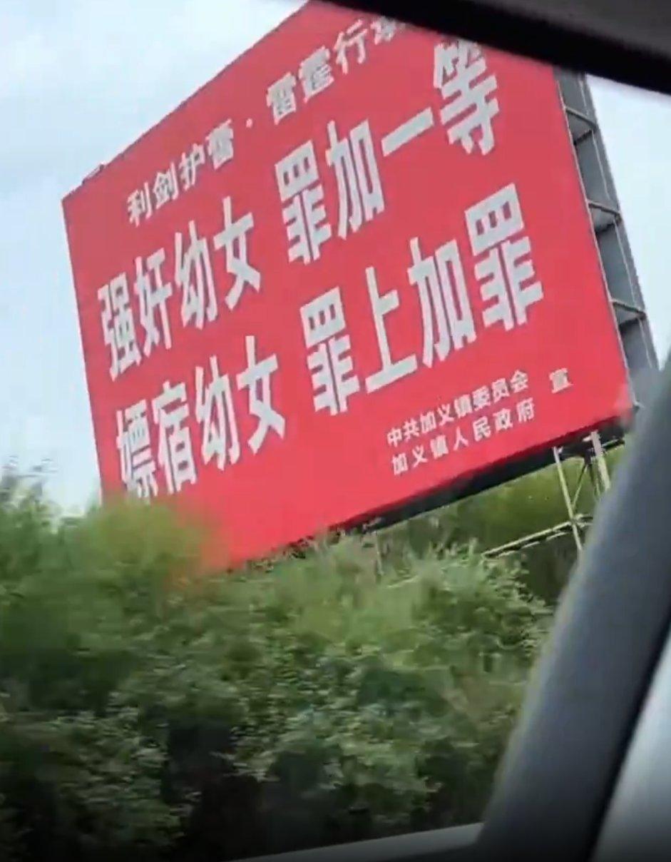 一名司機開車行經湖南省岳陽市平江縣加義鎮時,發現道路兩側竟掛了大量保護未成年女子的相關宣傳板(影片截圖)
