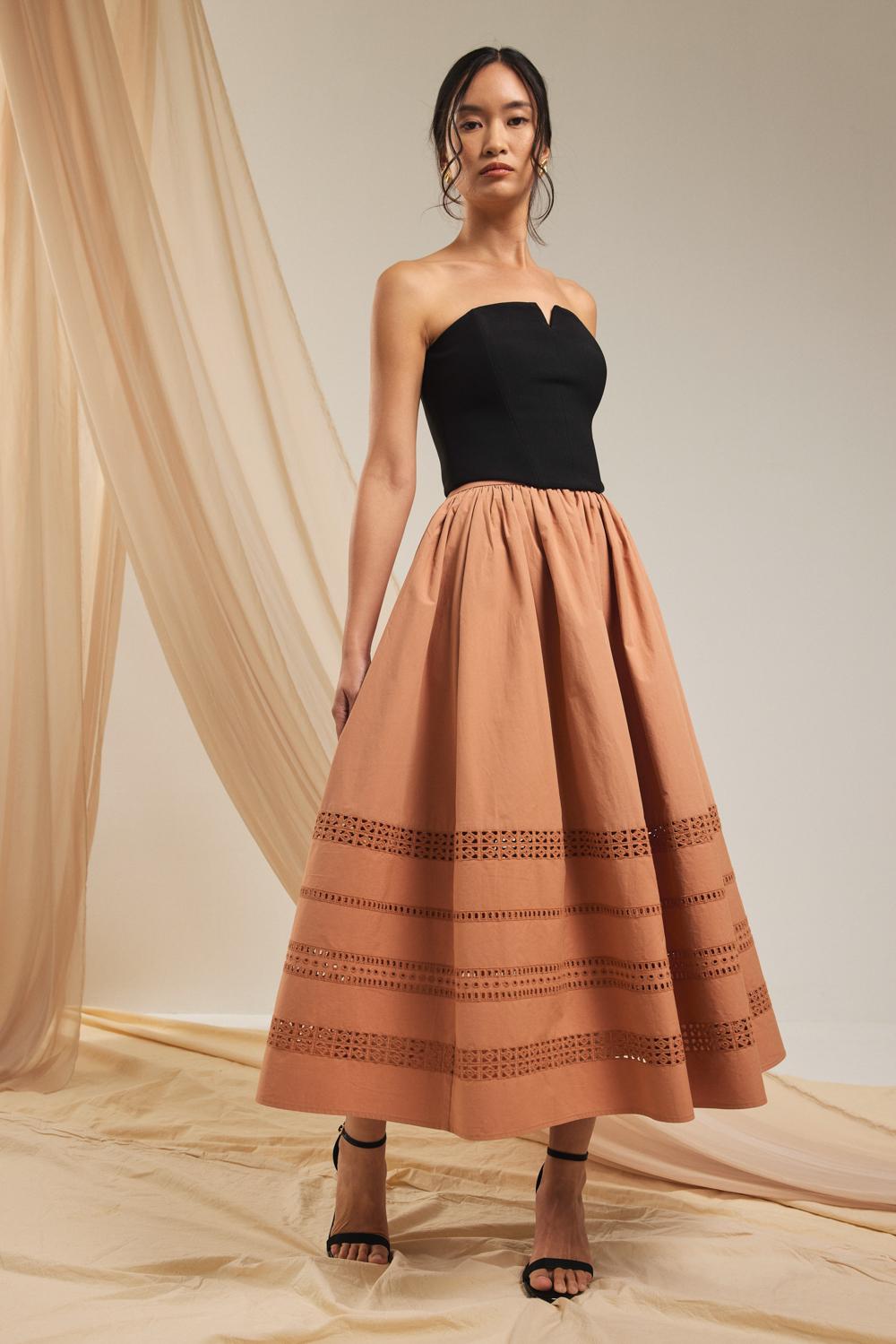 Jia Notched Bustier Top (Black), Elastic Broderie Fit & Flare Midaxi Skirt (Tan)