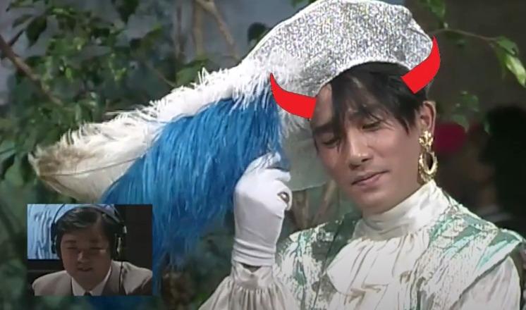 1990年《萬千星輝賀台慶》節目中,林保全即場為梁朝偉配音。(圖片來源:1990年《萬千星輝賀台慶》網上截圖)