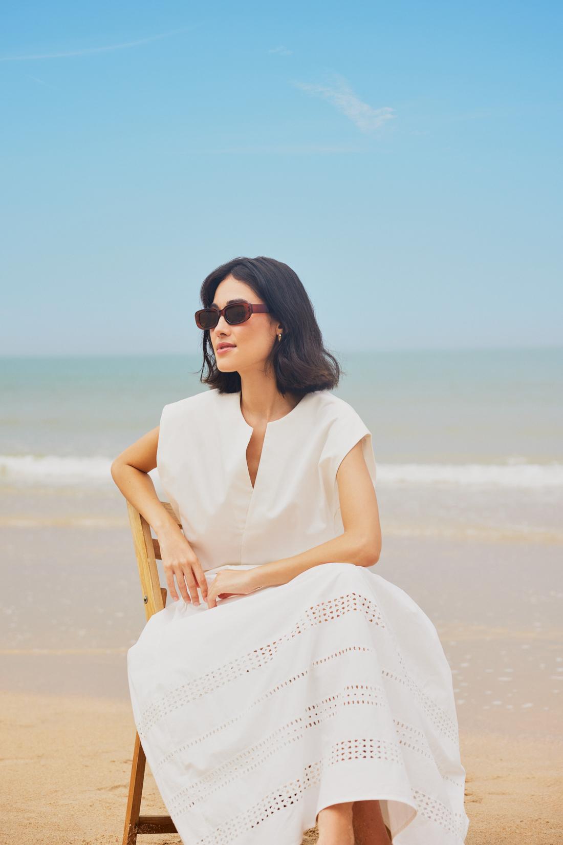 Melati Cotton Boxy Shell Top (White), Elastic Broderie Fit & Flare Midaxi Skirt (White)