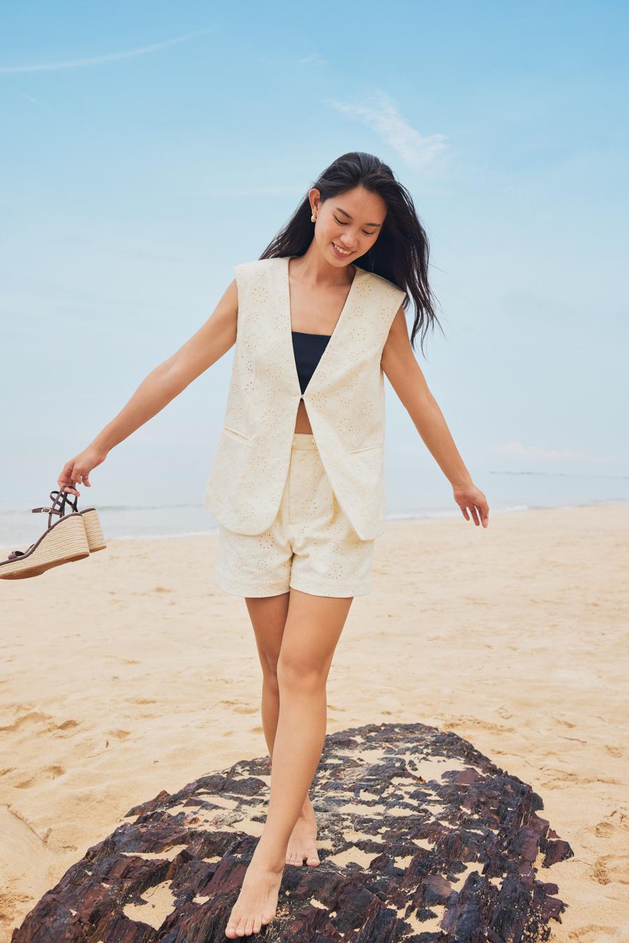 Relaxed Broderie Vest (Cream), Broderie Tailored Shorts (Cream)