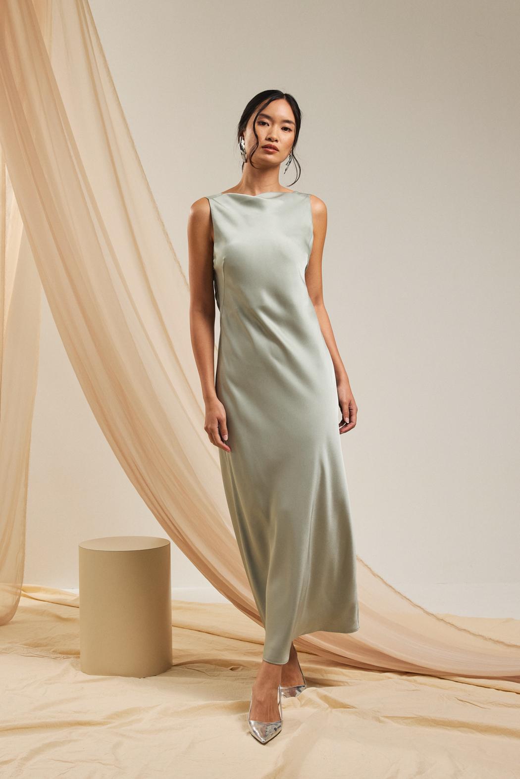 Satin Padded Drape Maxi Dress (Sage)