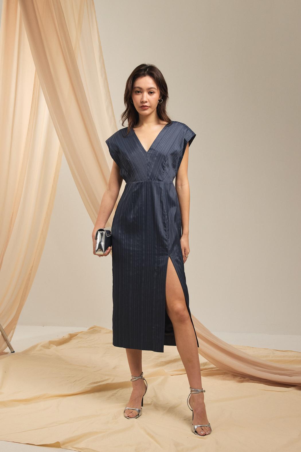 Satin V-Neck Midaxi Dress (Slate Blue)