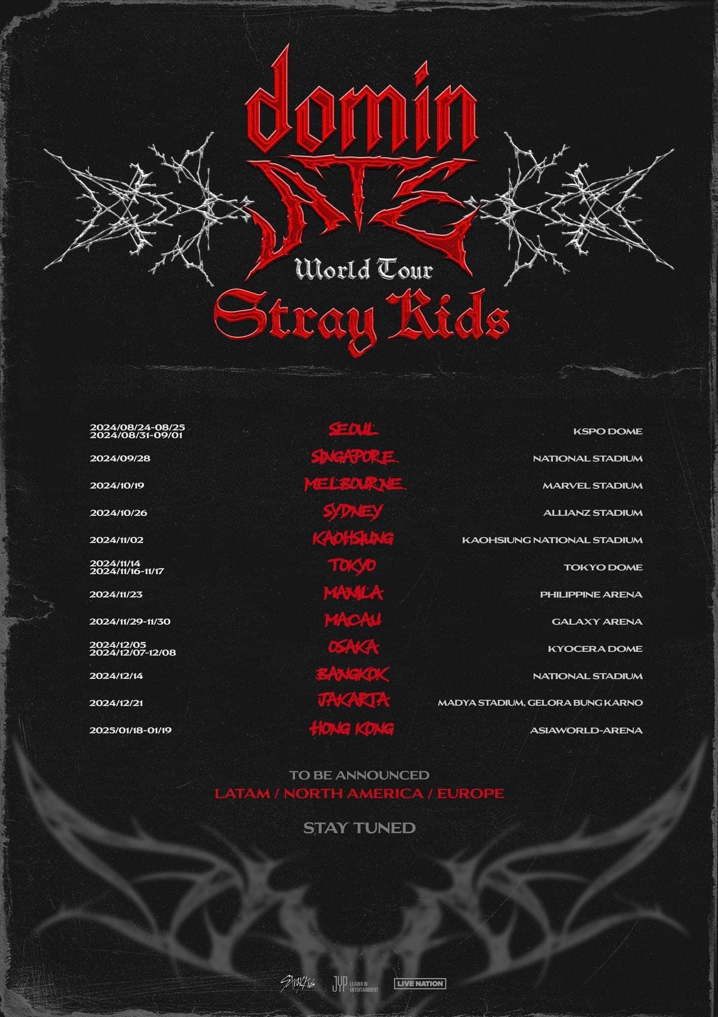 Stray Kids世界巡迴演唱會香港站鐵定2025年1月18及19日攻入亞博Arena開騷。