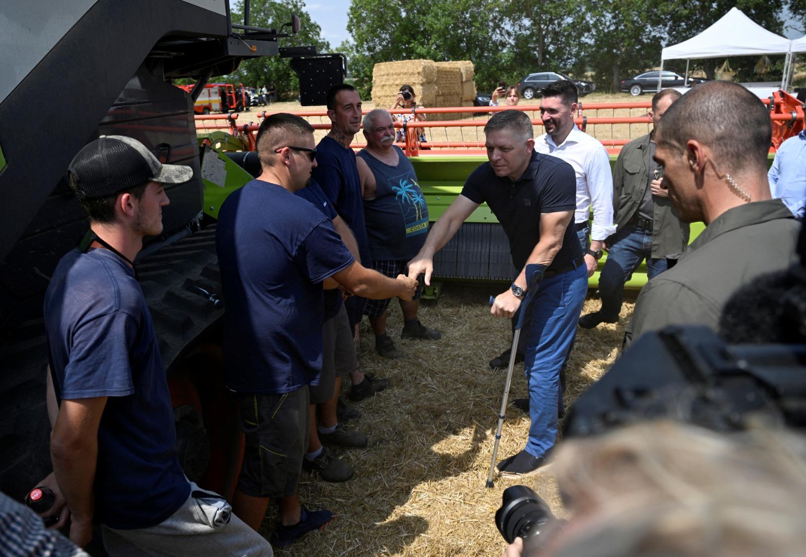 斯洛伐克總理菲佐(Robert Fico)在槍傷後康復,昨撐拐杖檢查當地穀物收成情況。(美聯社)