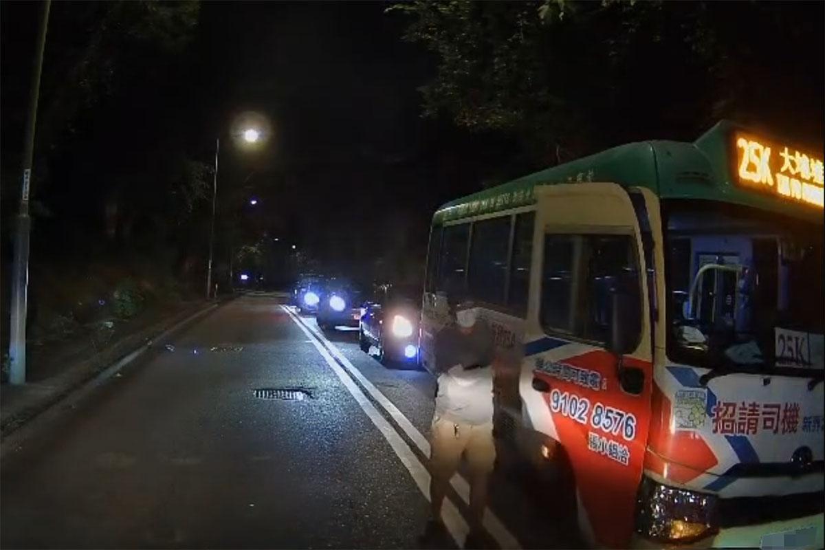 有唐狗在林錦公路行人路與馬路徘徊,最終慘遭專綫小巴撞飛。(網上影片截圖)