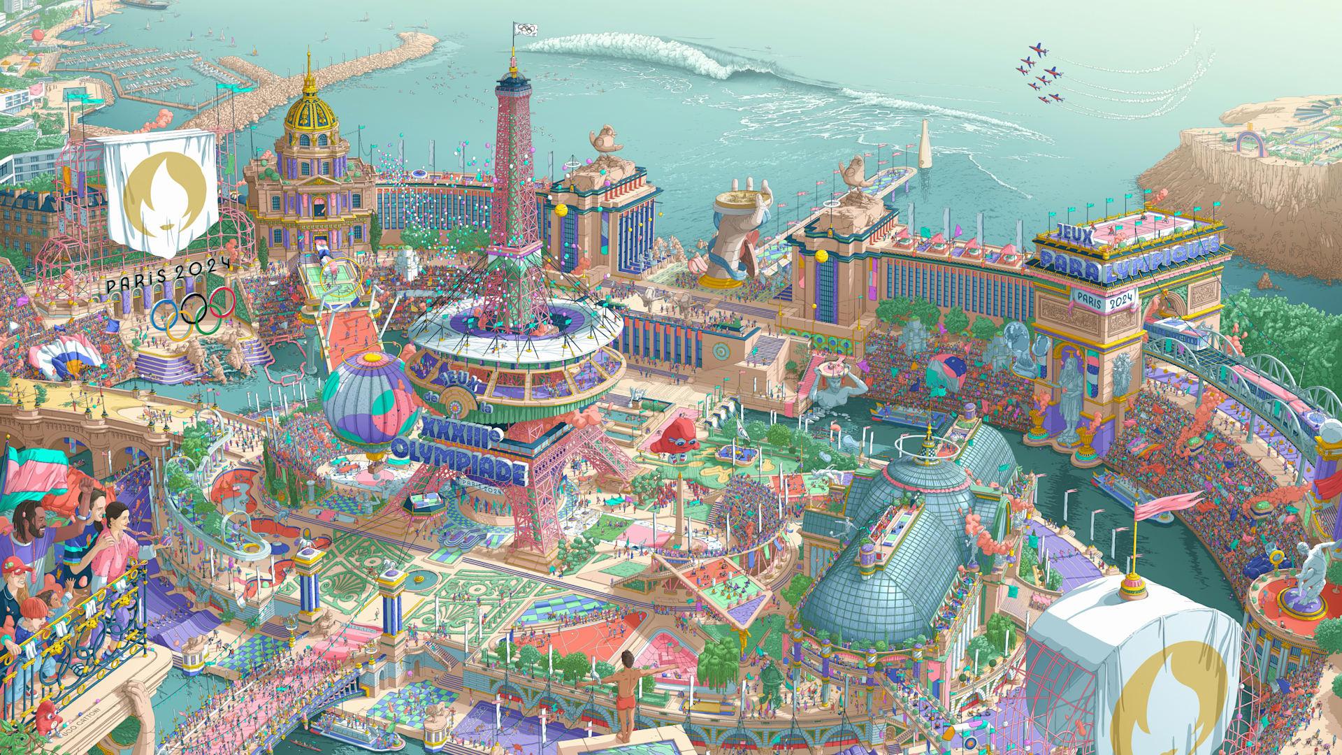 法國插畫家Ugo Gattoni的繪製的巴黎奧運主題海報,被喻為是「法國版清明上河圖」。