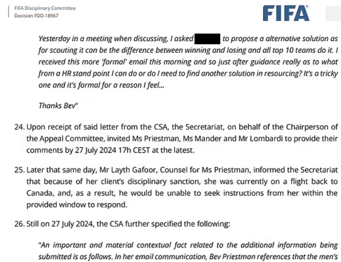 派莉絲曼在內部電郵指間諜行為在男足普遍。(網頁截圖)