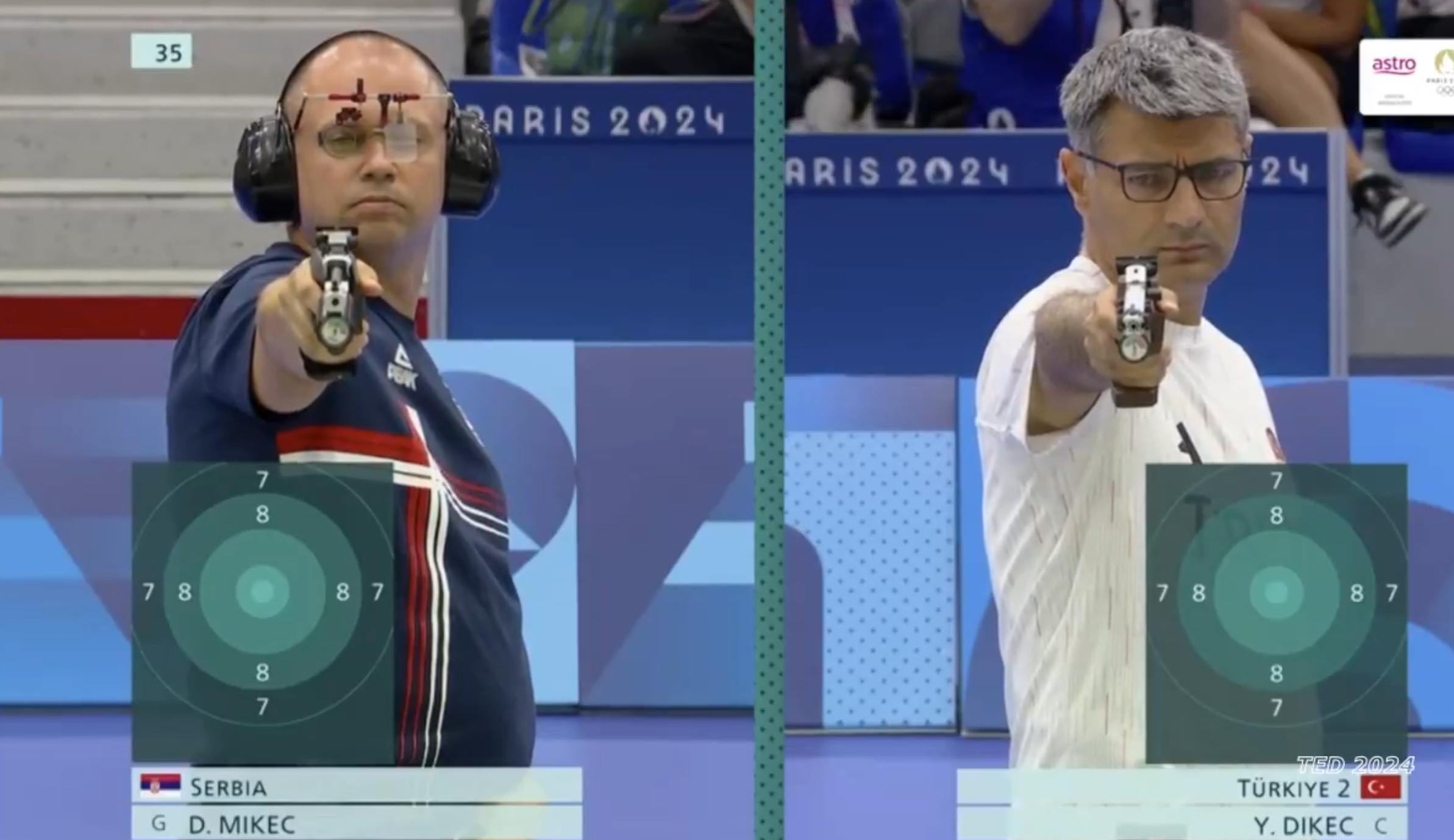 51歲土耳其選手迪凱奇(Yusuf Dikec)在沒有輔助眼鏡、護耳等裝備下,以單手插褲袋姿勢「氣定神閒」出戰混雙10米氣手槍比賽奪銀。(影片截圖)